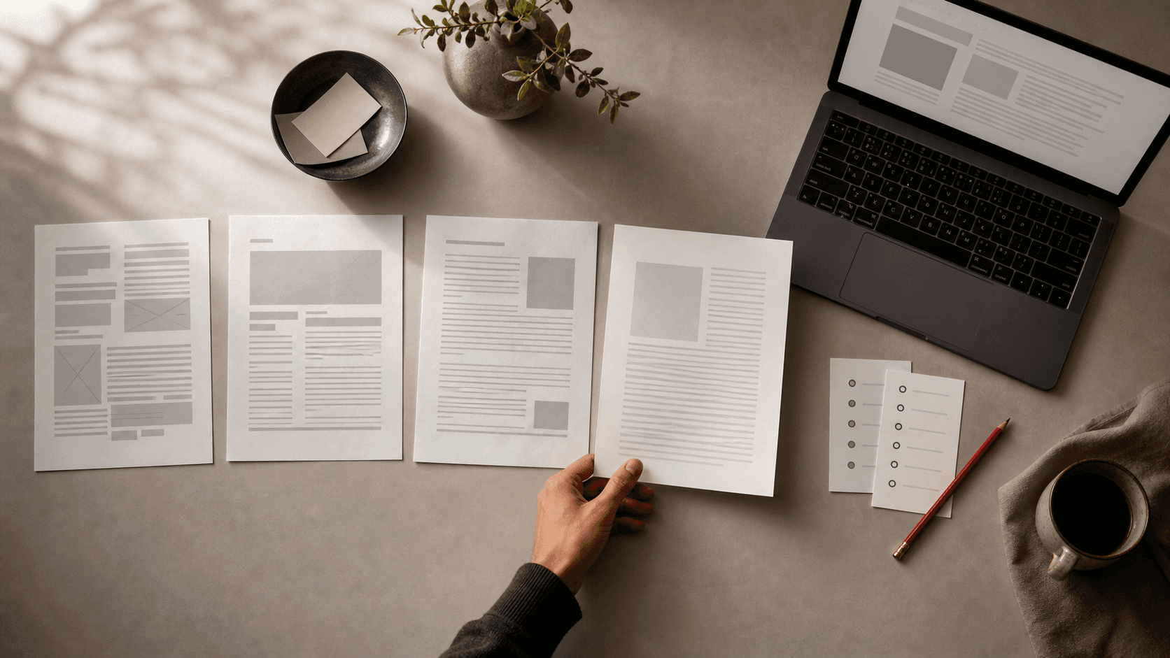 Editor comparing several document drafts and a review checklist at a desk