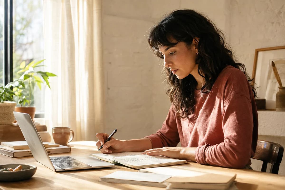 A writer reviewing handwritten notes beside a laptop in a sunlit workspace